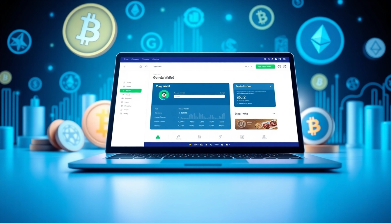 Showcasing the gaurda wallet interface on a laptop with cryptocurrency icons.