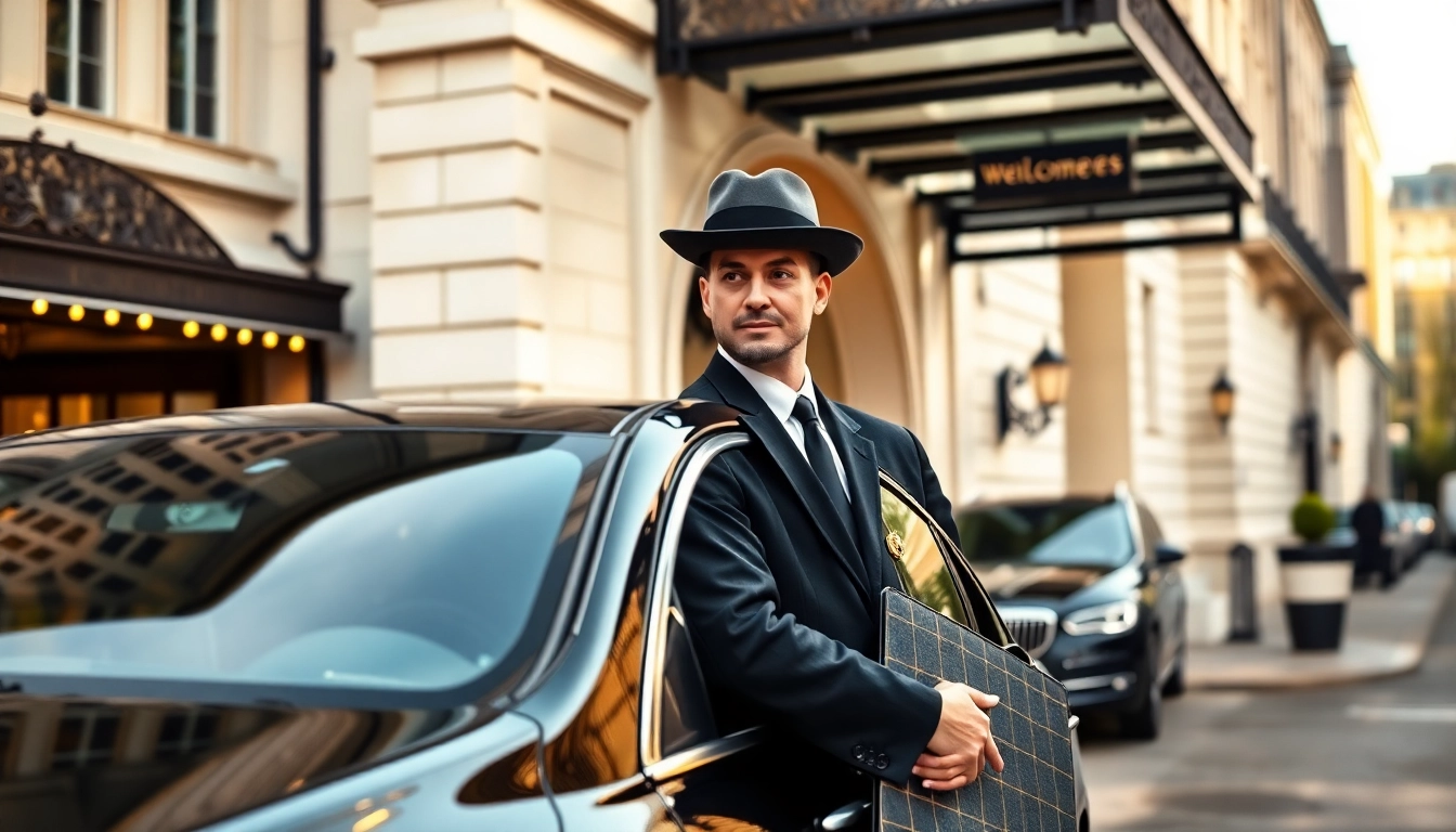 London chauffeur preparing to assist at a luxury hotel, showcasing professional service.
