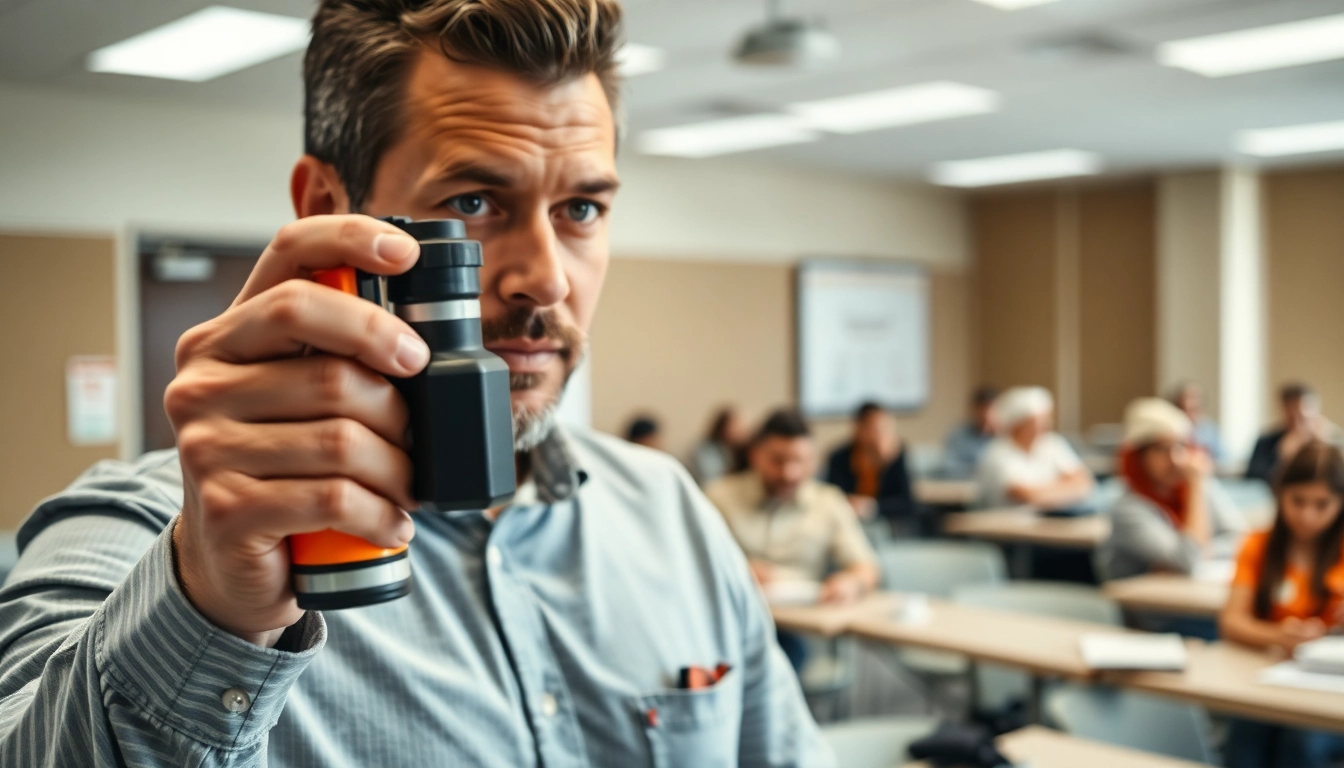 Attendees engaged in oc spray training under professional guidance.