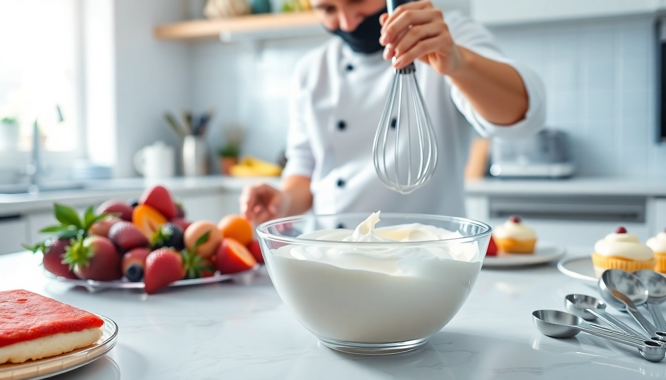 Bereid mousseline crème met verse ingrediënten in een heldere keuken.