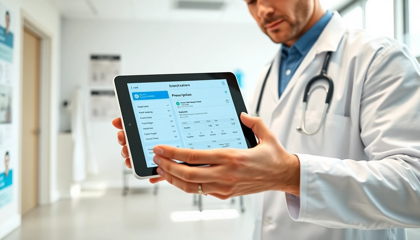 Using free eprescription apps on a tablet in a clinic for efficient patient management.
