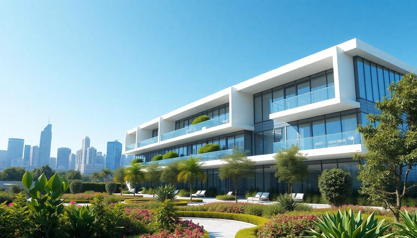 Architektur visualisierung eines modernen Wohngebäudes umgeben von grünem Landschaftsdesign in einer urbanen Umgebung.