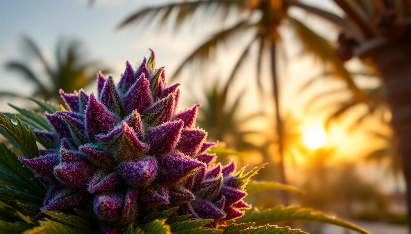 Close-up of the Miami Runtz strain revealing its vibrant colors and rich texture in a tropical setting.