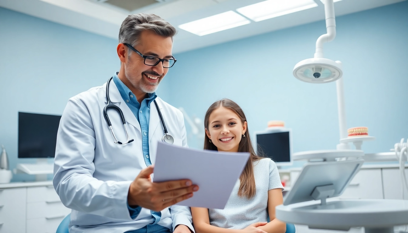 Consultation with an orthodontist Myrtle Beach discussing treatment plans in a modern office.