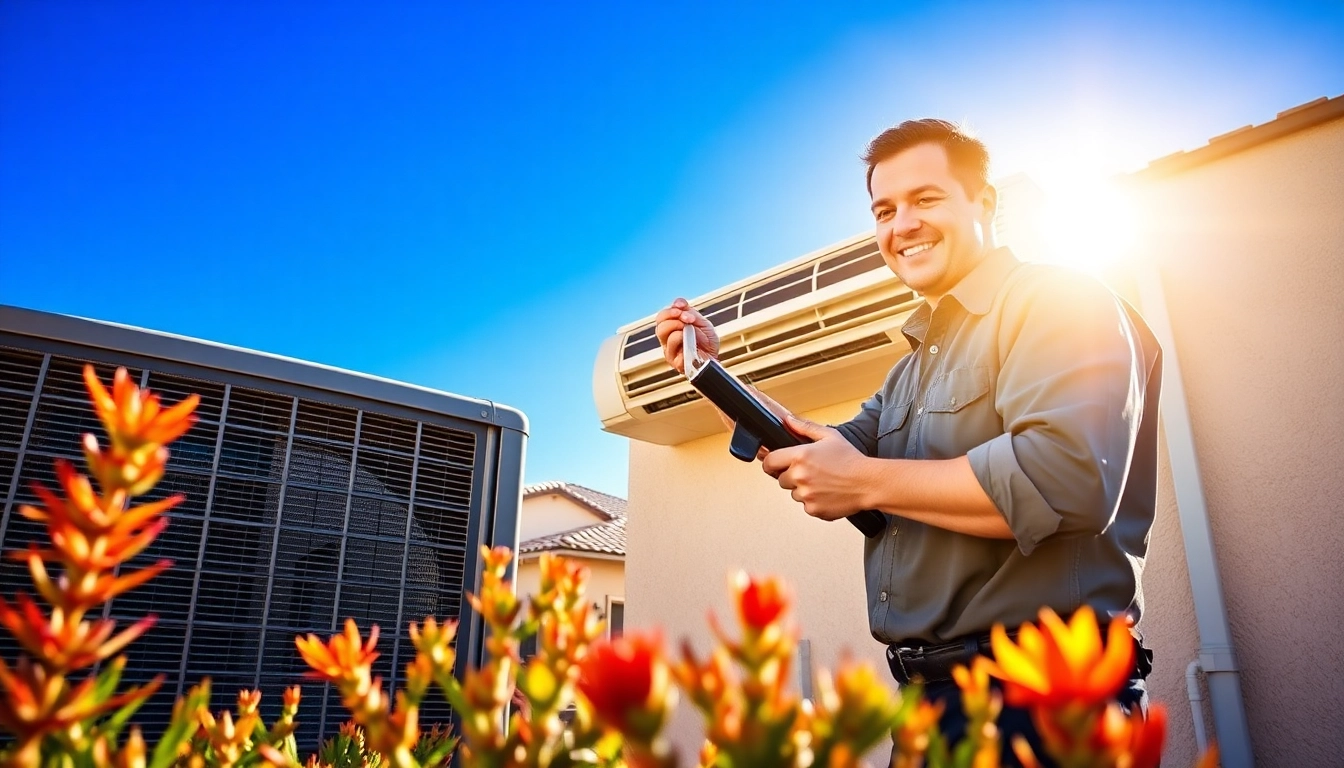 Service of ac repair phoenix az demonstrated by a skilled technician amidst the sunny Phoenix backdrop.